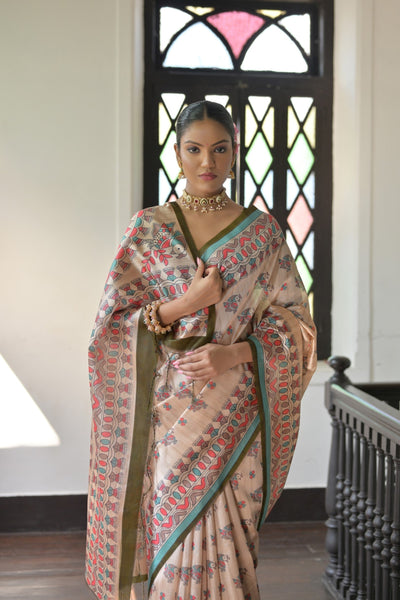 Indyancart GR Women's Beige & Olive Green Soft Tussar Silk Madhubani Printed Saree