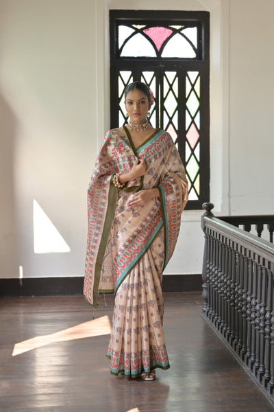 Indyancart GR Women's Beige & Olive Green Soft Tussar Silk Madhubani Printed Saree