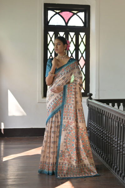 Indyancart GR Women's Beige & Cyan Blue Soft Tussar Silk Madhubani Printed Saree