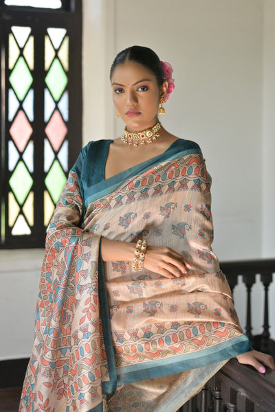 Indyancart GR Women's Beige & Cyan Blue Soft Tussar Silk Madhubani Printed Saree