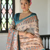 Dhiyona GR Women's Beige & Cyan Blue Soft Tussar Silk Madhubani Printed Saree