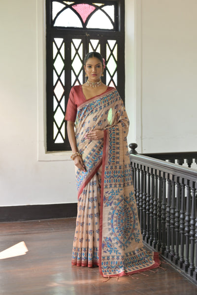 Indyancart GR Women's Beige & Red Soft Tussar Silk Madhubani Printed Saree