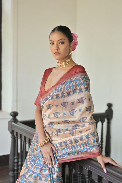 Indyancart GR Women's Beige & Red Soft Tussar Silk Madhubani Printed Saree