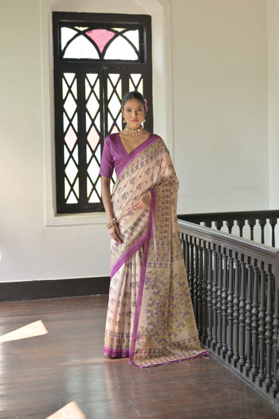 Indyancart GR Women's Beige & Wine Soft Tussar Silk Madhubani Printed Saree