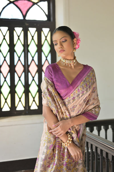 Indyancart GR Women's Beige & Wine Soft Tussar Silk Madhubani Printed Saree