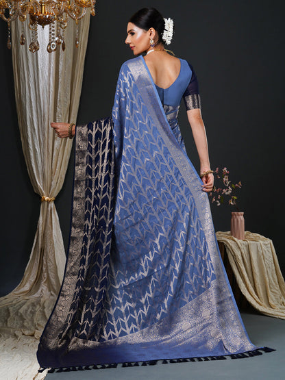 Women's Georgette Blue Woven Design Designer Saree With Blouse Piece