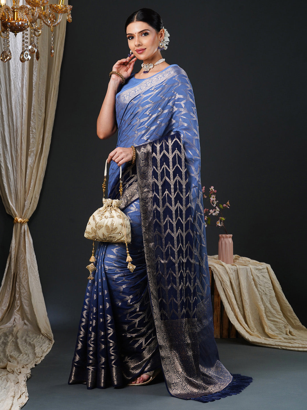 Women's Georgette Blue Woven Design Designer Saree With Blouse Piece