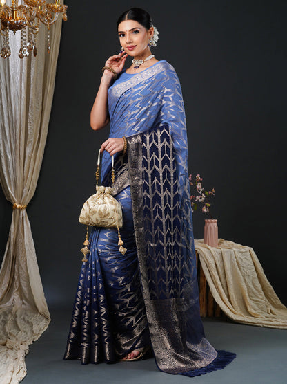 Women's Georgette Blue Woven Design Designer Saree With Blouse Piece