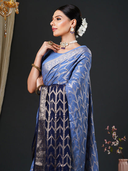 Women's Georgette Blue Woven Design Designer Saree With Blouse Piece