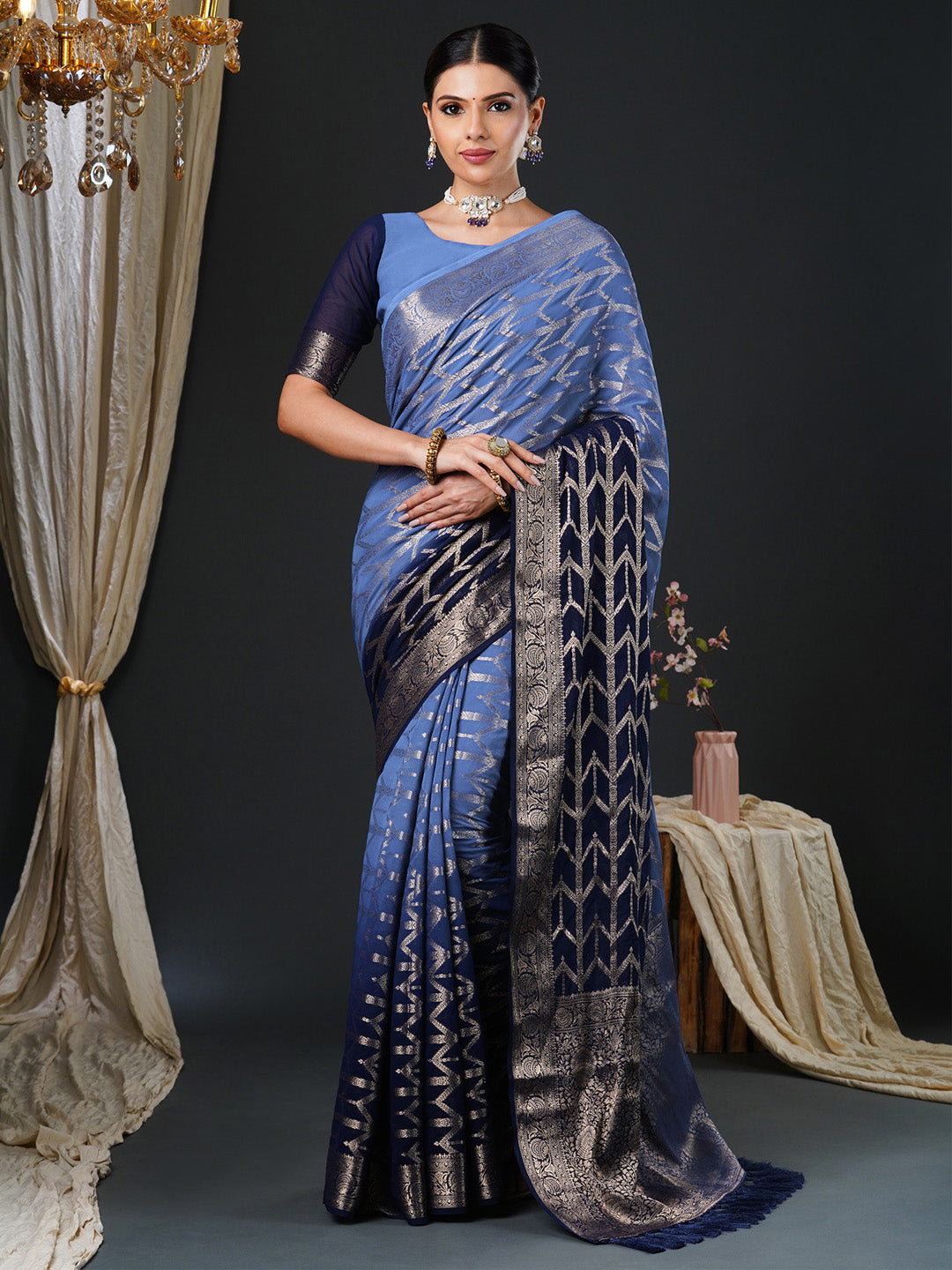 Women's Georgette Blue Woven Design Designer Saree With Blouse Piece