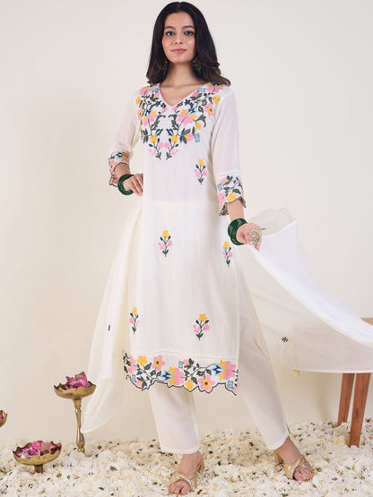 Floral Embroidered V-Neck Thread Work Pure Cotton Kurta & Trousers With Dupatta