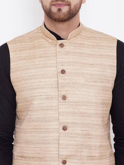 Men's Black Cotton Blend Straight Jacket  Kurta and Pyjama Set
