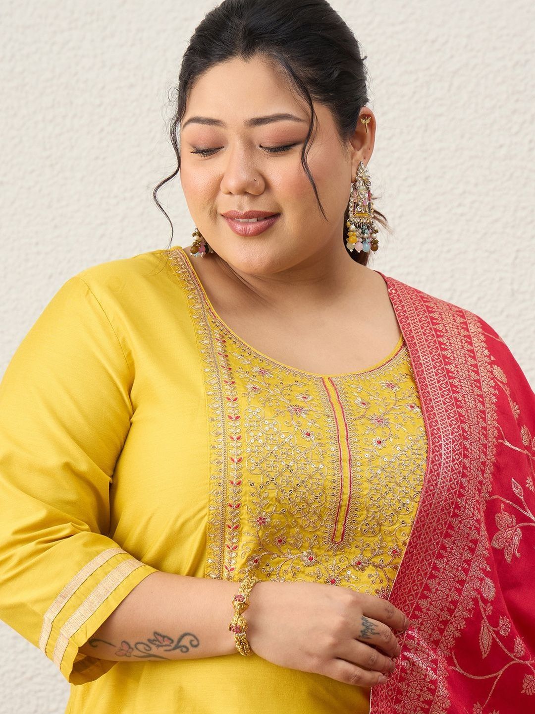 Indyancart Women's Ethnic Motifs Embroidered Regular Kurta with Trousers & With Dupatta