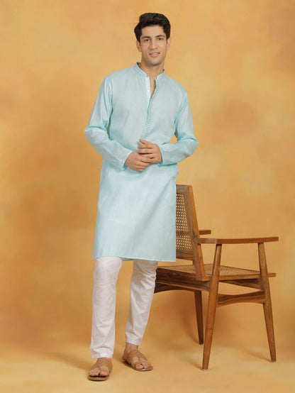 Men's Aqua Cotton Straight Kurta