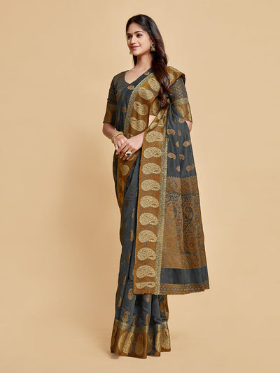 Indyancart GR Women's Avantika Gunsmoke Grey Zari Woven Design Chanderi Cotton Saree