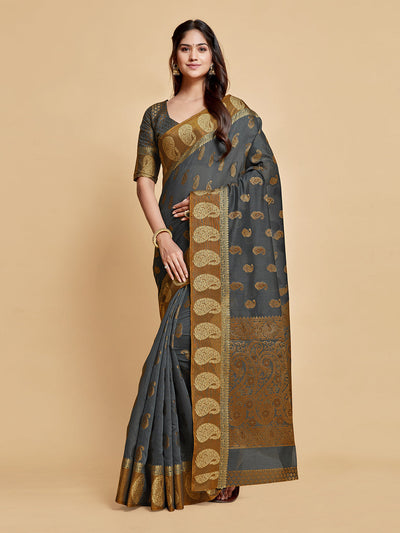 Indyancart GR Women's Avantika Gunsmoke Grey Zari Woven Design Chanderi Cotton Saree