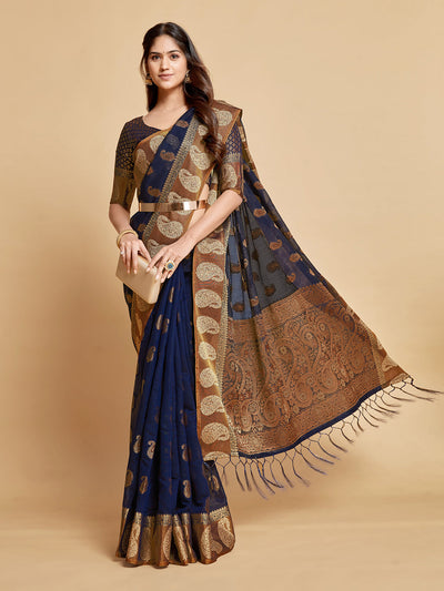 Indyancart GR Women's Avantika Midnight Blue Zari Woven Design Chanderi Cotton Saree