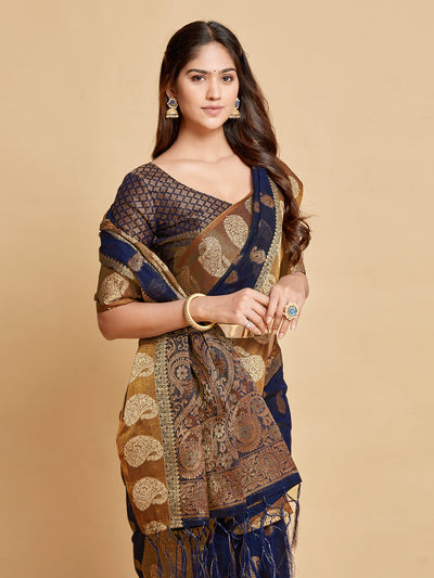 Indyancart GR Women's Avantika Midnight Blue Zari Woven Design Chanderi Cotton Saree