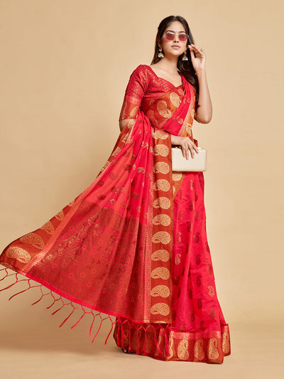 Indyancart GR Women's Avantika Fiery Rose Zari Woven Design Chanderi Cotton Saree