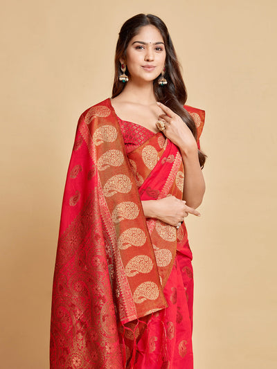 Indyancart GR Women's Avantika Fiery Rose Zari Woven Design Chanderi Cotton Saree