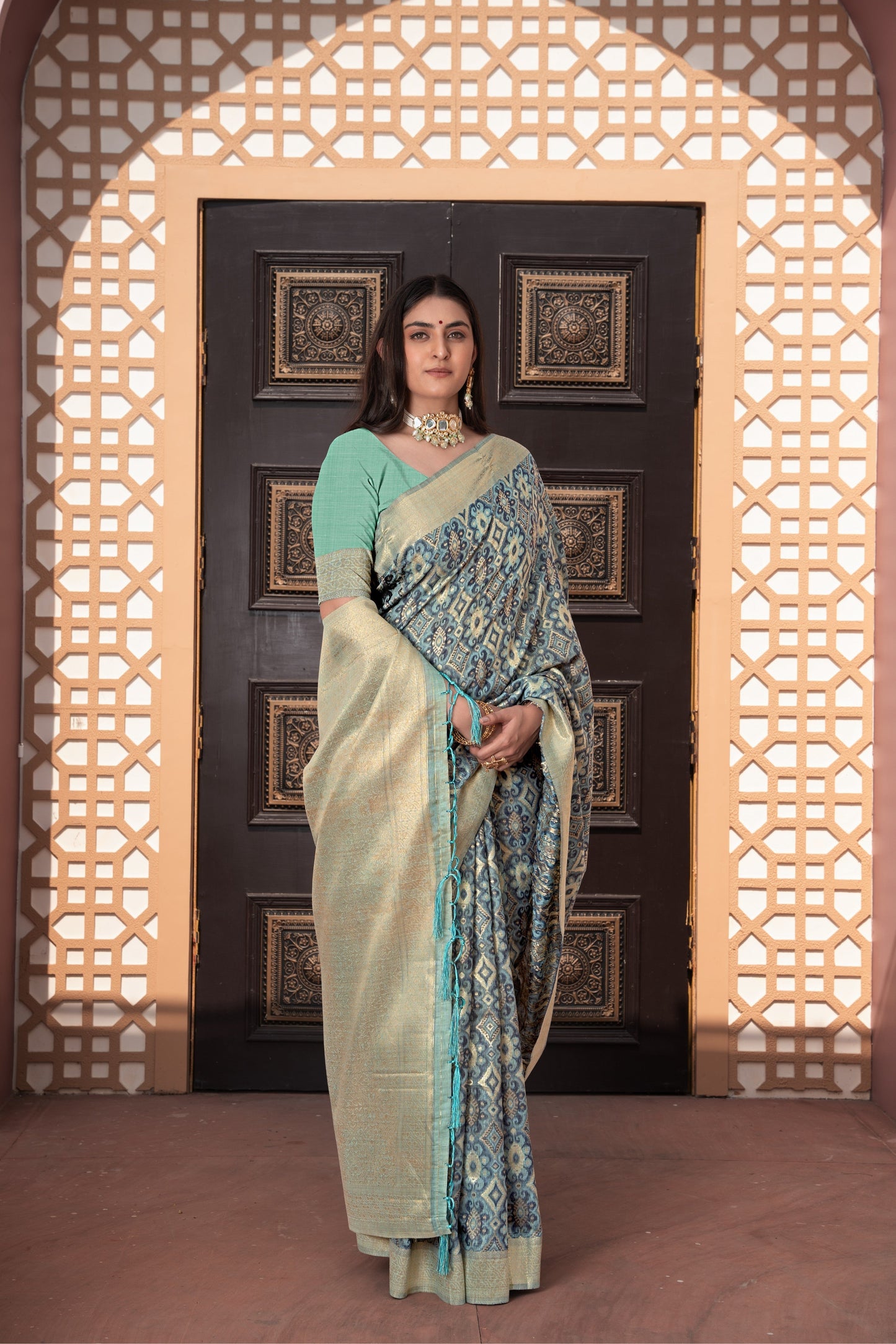 Dhiyona GR Women's Avika Blue Cotton Ikat Silk Saree