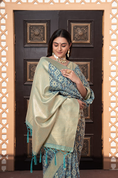 Indyancart GR Women's Avika Blue Cotton Ikat Silk Saree