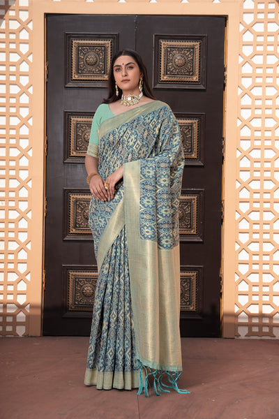 Indyancart GR Women's Avika Blue Cotton Ikat Silk Saree
