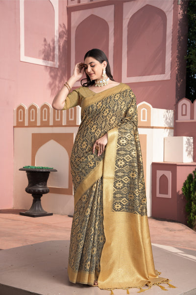Indyancart GR Women's Avika Brown Cotton Ikat Silk Saree