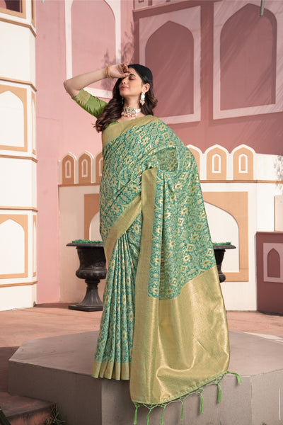 Indyancart GR Women's Avika Green Cotton Ikat Silk Saree