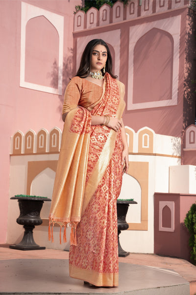 Indyancart GR Women's Avika Peach Cotton Ikat Silk Saree