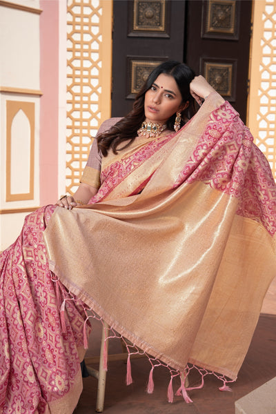 Indyancart GR Women's Avika Pink Cotton Ikat Silk Saree