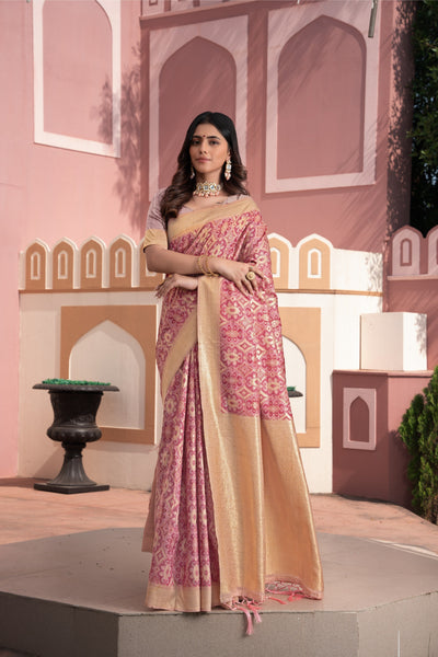 Indyancart GR Women's Avika Pink Cotton Ikat Silk Saree