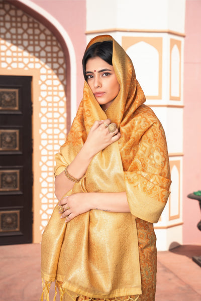 Indyancart GR Women's Avika Yellow Cotton Ikat Silk Saree