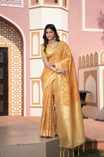 Indyancart GR Women's Avika Yellow Cotton Ikat Silk Saree