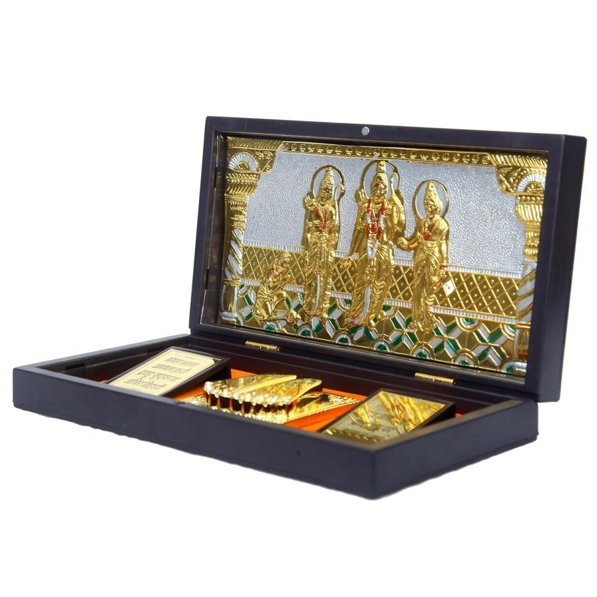 Gold-polished rectangular Ram Darbar pocket temple box with God idols and Charan Paduka, compact and ornate for devotional use.