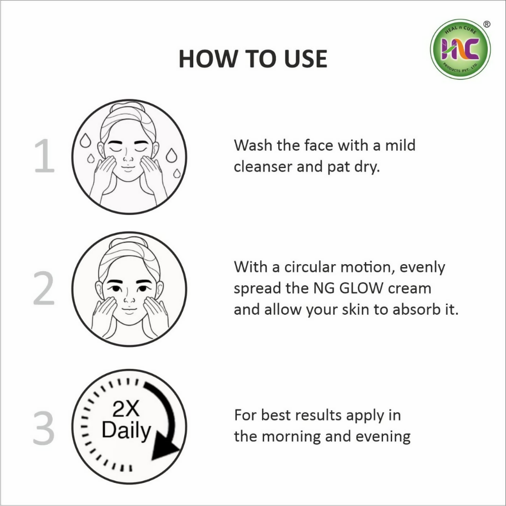 Heal N Cure NG Glow Cream face cream in a jar with a white and gold label, designed for skin brightening and hydration.