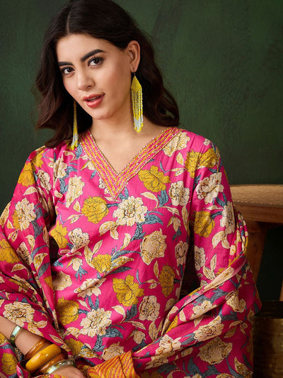 Indyancart SN Women's Floral Printed Sequinned Pure Cotton Straight Kurta & Trouser With Dupatta
