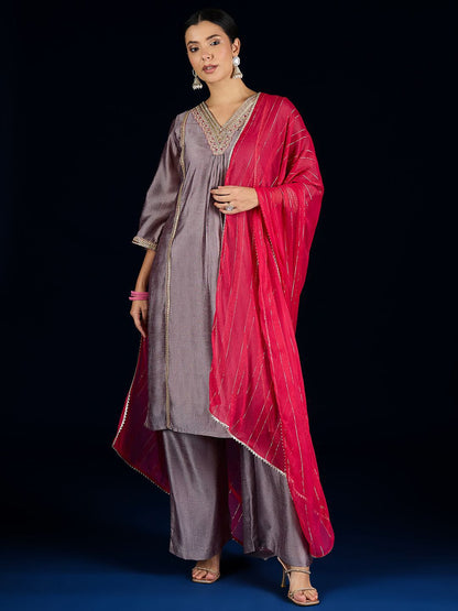 Indyancart VA Floral Yoke Design A-Line Kurta With Palazzos & Dupatta