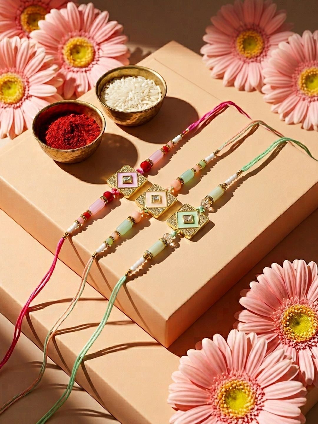 Anouk Set Of 3 Multicolor Ad Thread Rakhi With Roli Chawal Chandan Mishri