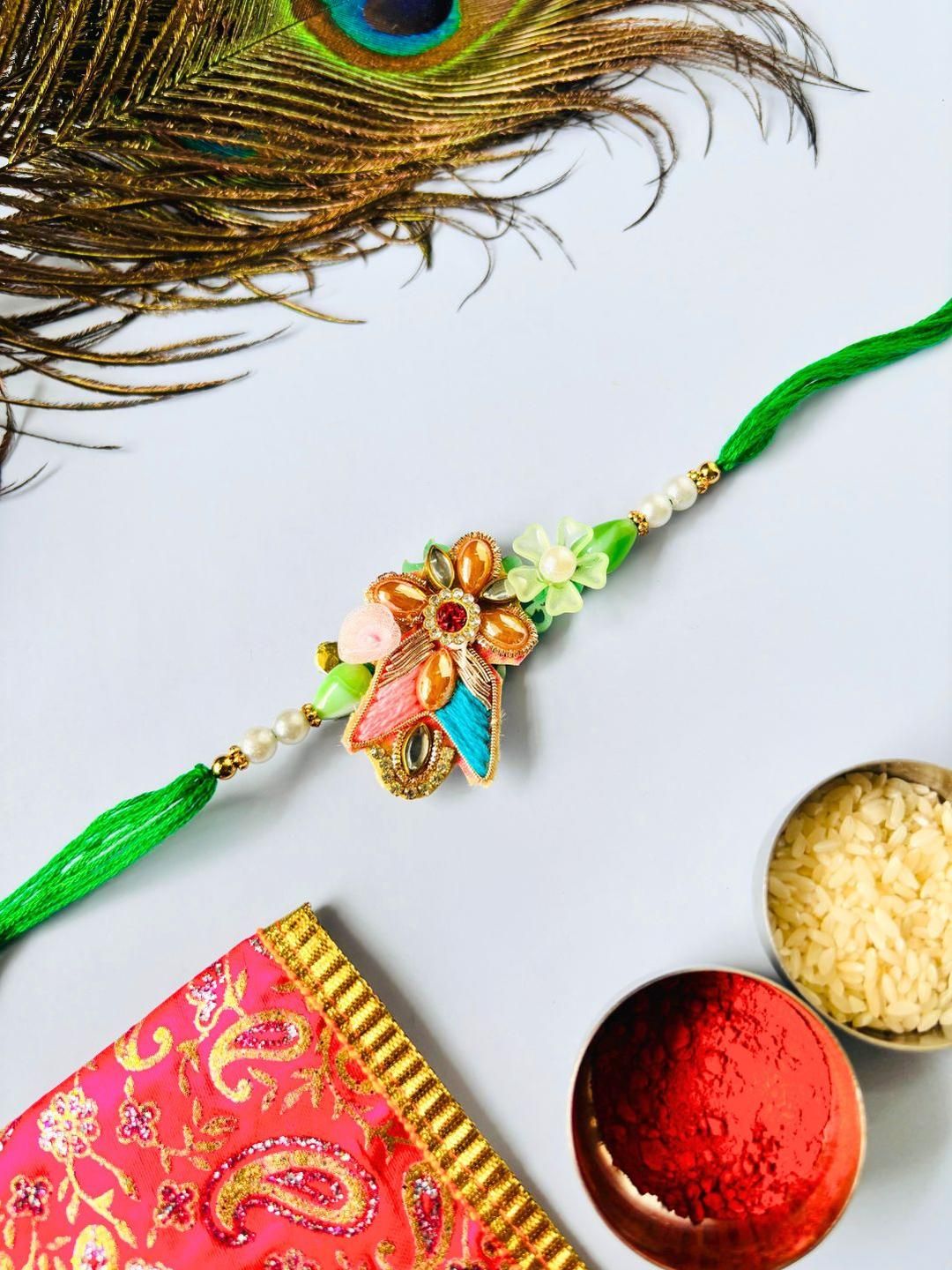 Anouk Multi Colored Pack of 2 Floral Traditional Handmade Rakhi Set