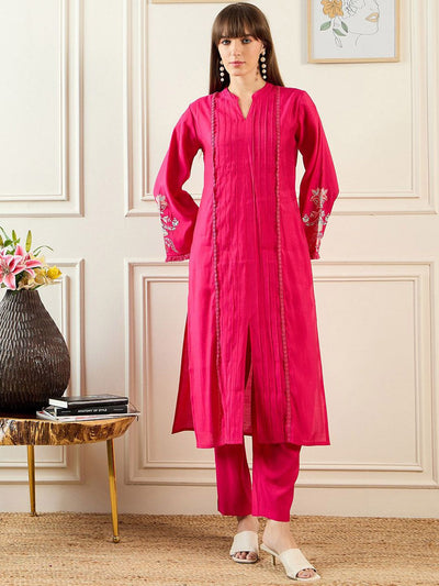 Dhiyona IE Self Design Mandarin Collar Bell Sleeves Straight Kurta With Trousers