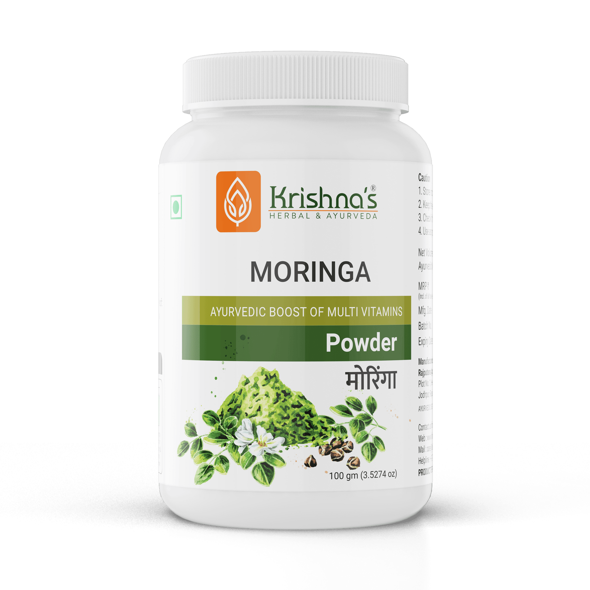 Krishna's Herbal & Ayurveda Moringa Powder in a clear glass jar with a scoop, showing vibrant green powder and fresh Moringa leaves.