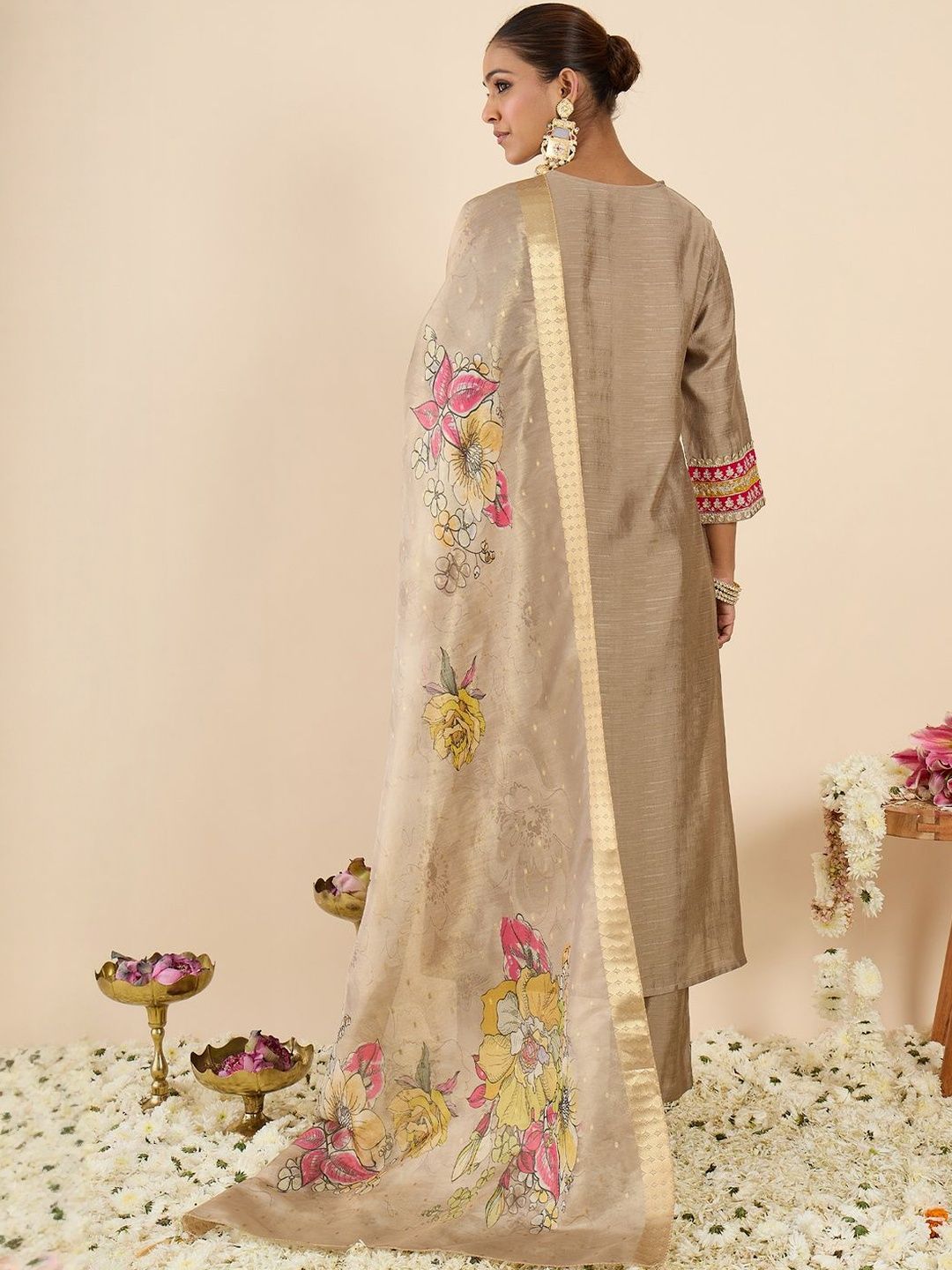 Women Floral Panelled Thread Work Raw Silk Kurta with Trousers & With Dupatta