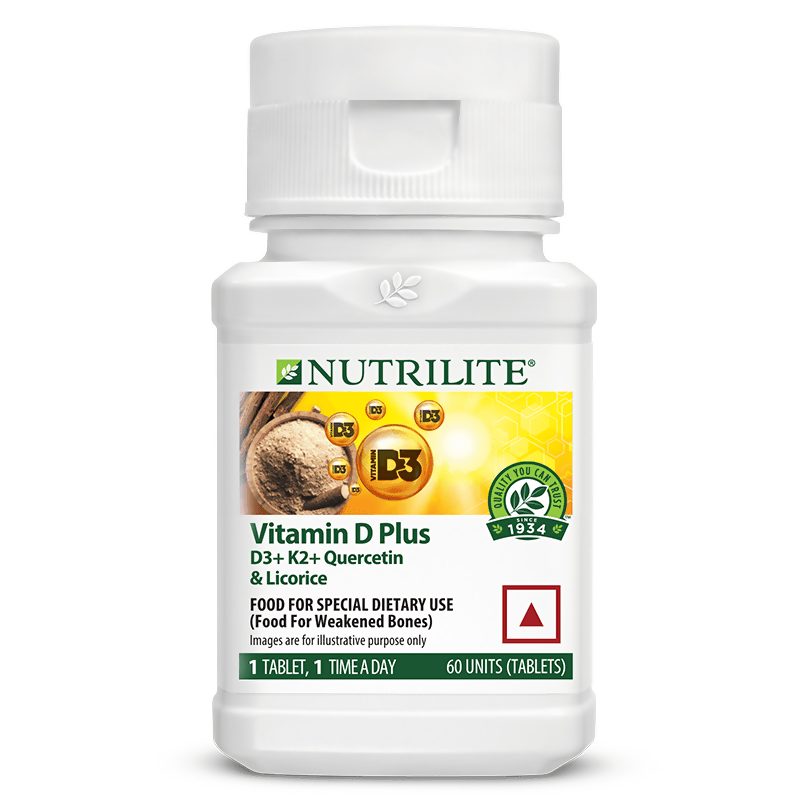 Nutrilite Vitamin D Plus Ayurvedic tablets featuring D3, K2, quercetin, and licorice root in a blister pack.