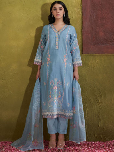Indyancart IE Women Floral Embroidered Regular Thread Work Kurta with Trousers & With Dupatta