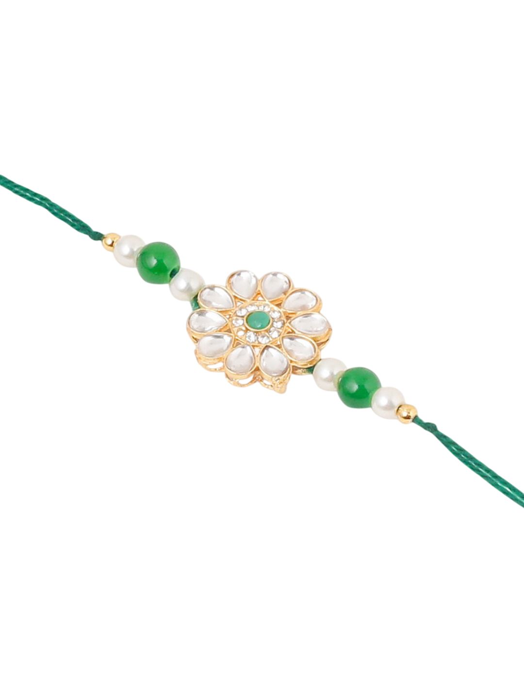 Anouk Set Of 2 Kundan Floral Design Gold Toned Bhaiya Bhabhi Rakhi Set With Roli Chawal
