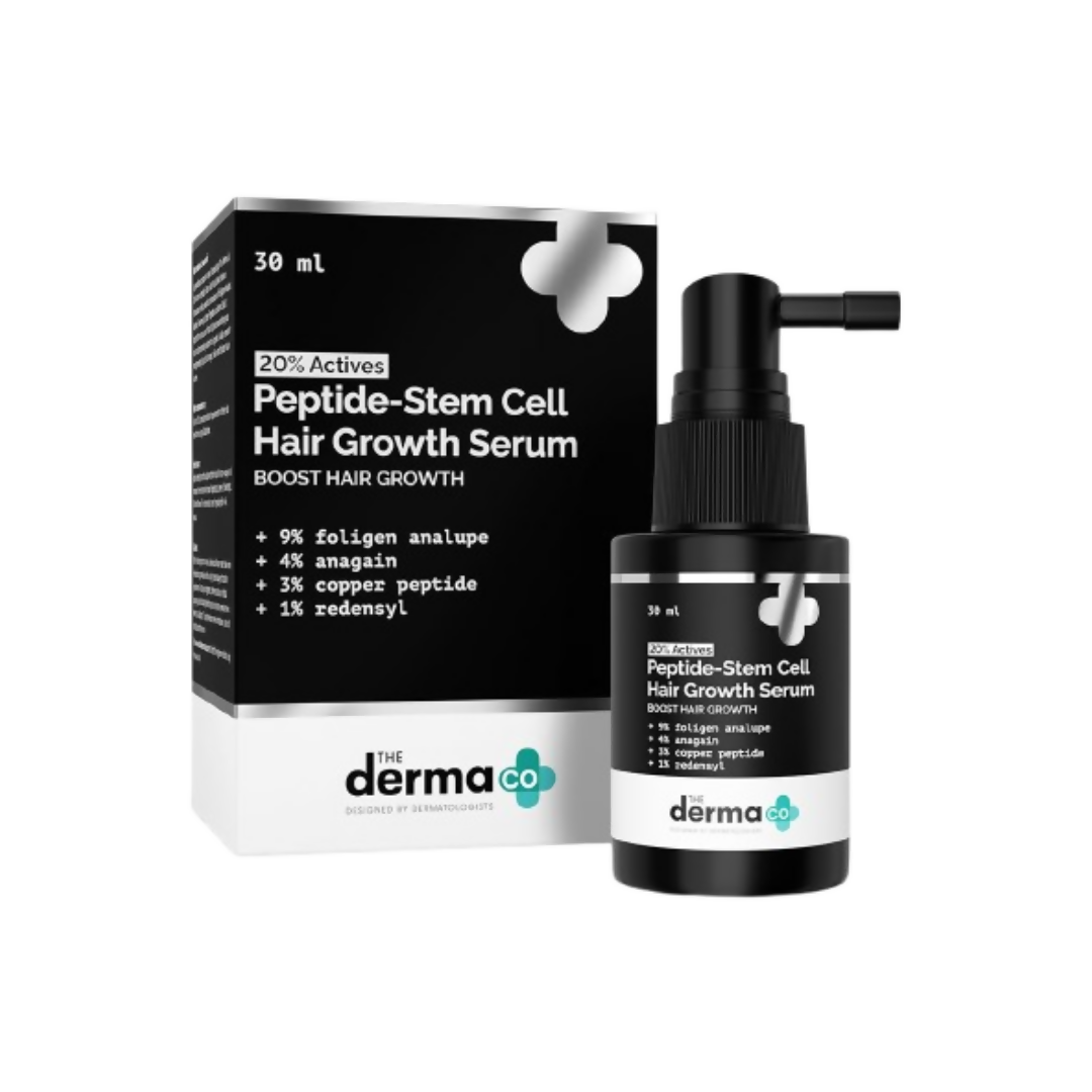 The Derma Co 20% Actives Peptide Stem Cell Hair Growth Serum bottle with dropper, designed for hair strengthening and growth.