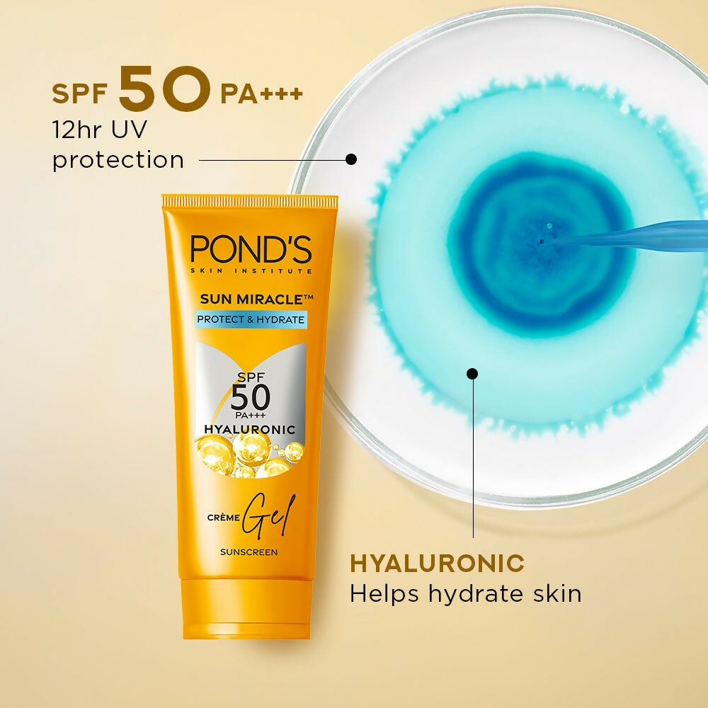 Ponds Sun Miracle SPF 50 PA+++ crème gel sunscreen in a white tube with blue accents, designed for sun protection and skin care.