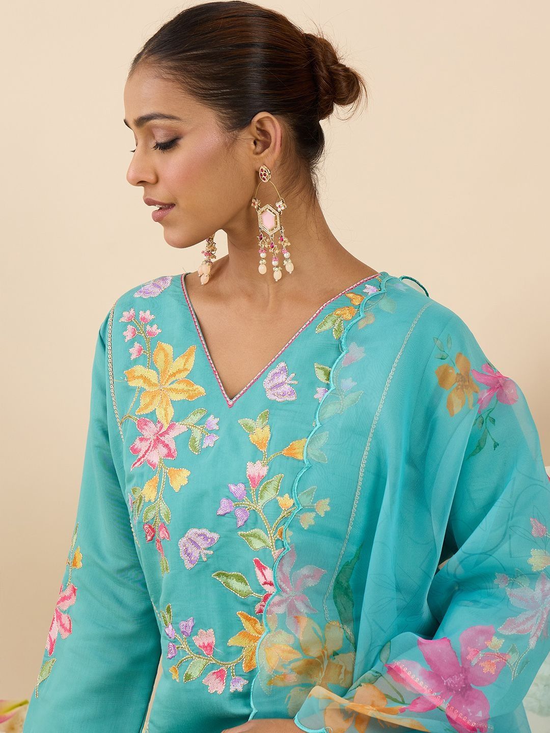 Floral Embroidered Panelled Thread Work A-Line Kurta With Trousers & Dupatta