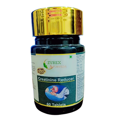 Zyrex Ayurveda Ayurvedic creatinine reducer tablets in a bottle, with herbal ingredients visible on the label.